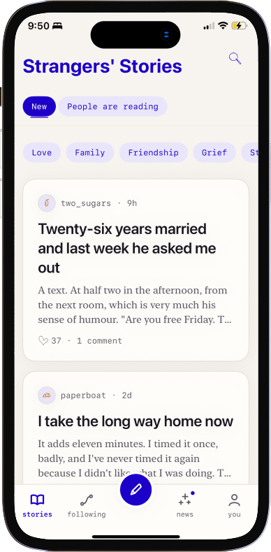 Strangers' Stories iOS app showing a feed of anonymous real-life stories