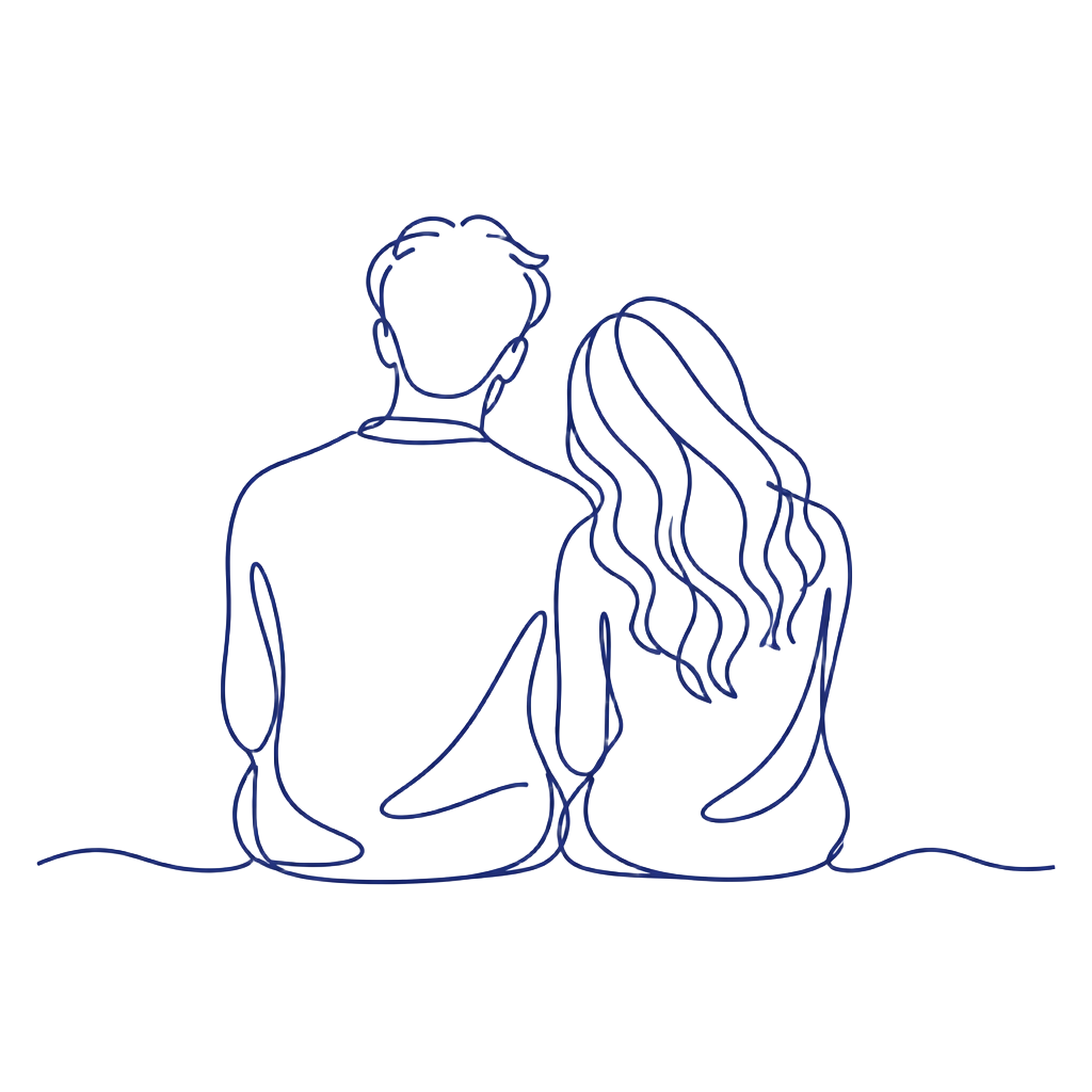 Line drawing of two strangers sitting side by side